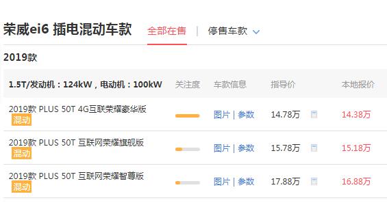 荣威i6油电混合价格 售价14.38万/百公里油耗仅为1.5L