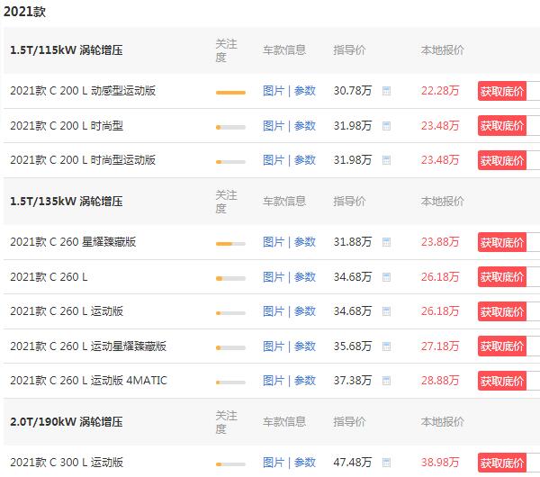 奔驰c级价格表 奔驰c级售价22万元(功能配置十分丰富)