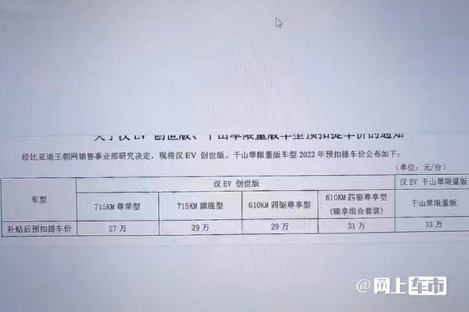 比亚迪4款新车四天后上市 新款汉EV预扣价27-33万