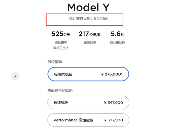 特斯拉Model Y交付日期调整 标准续航版需等6-10周