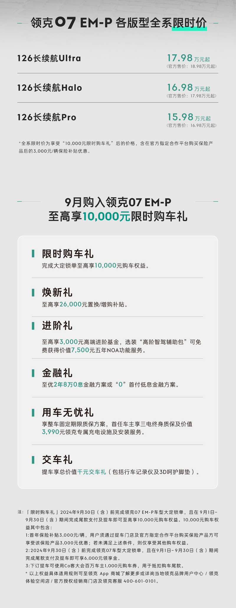 领克07 EM-P推9月限时优惠 限时价15.98万起/置换补贴2.6万元