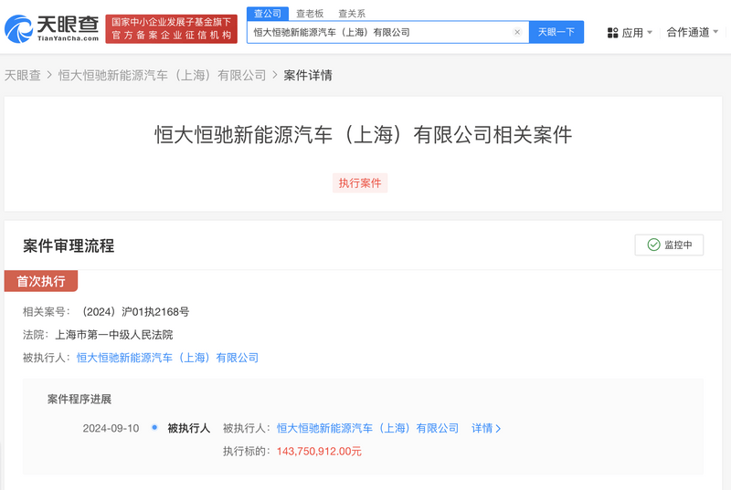 恒大恒驰汽车上海公司被强执1.4亿 存45条被执行人信息