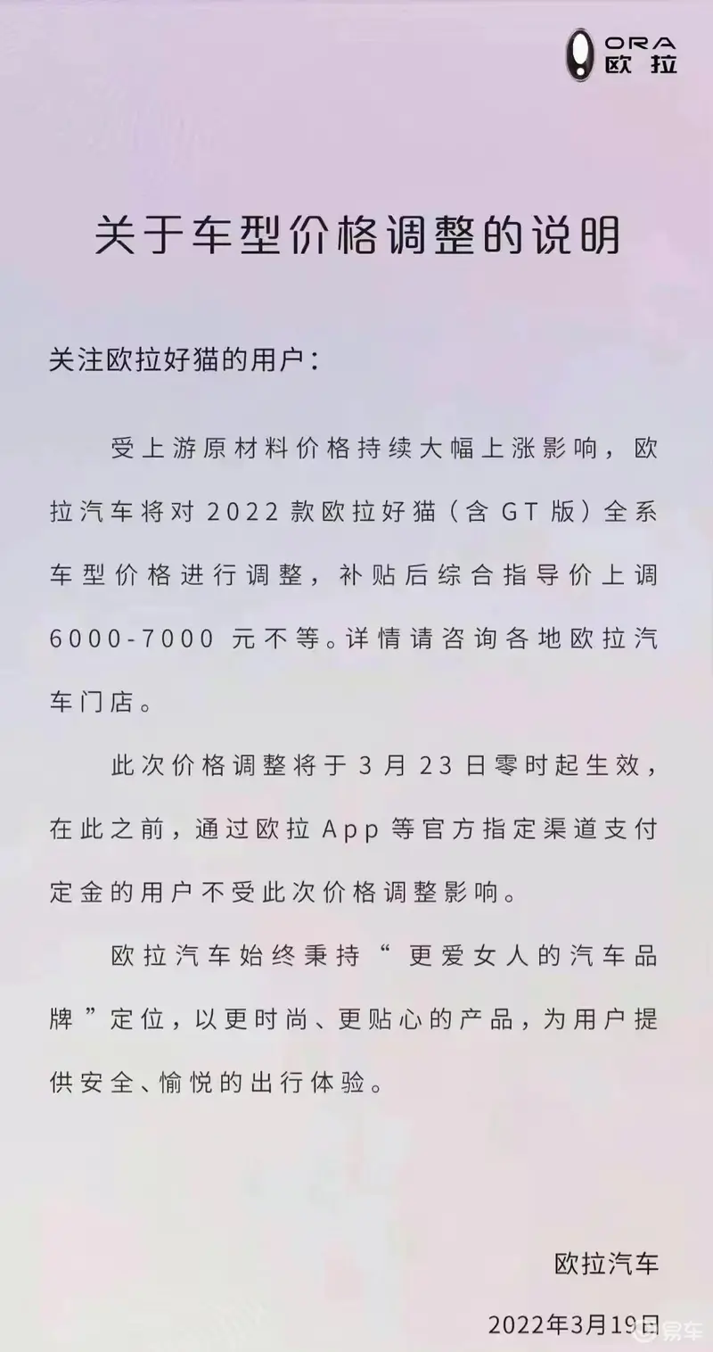 欧拉好猫/好猫GT官宣调价 补贴后上涨6000-7000元不等