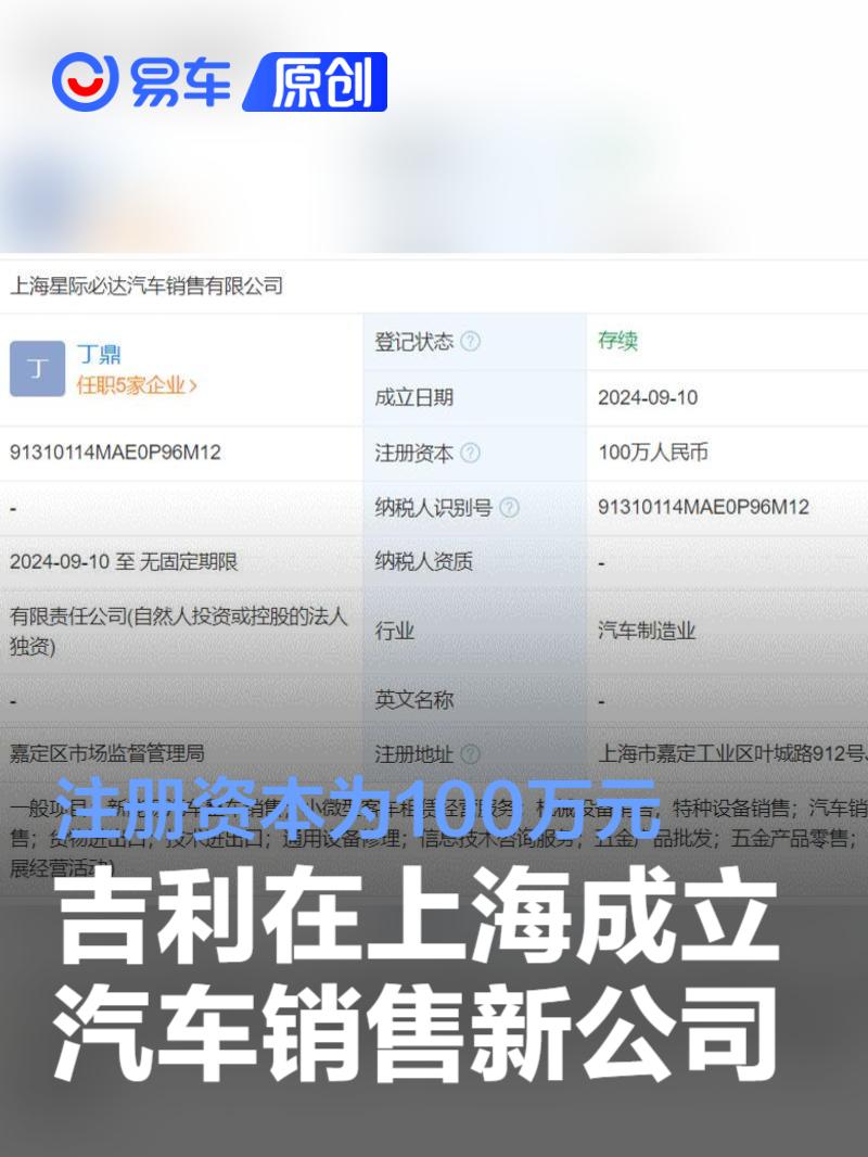 吉利在上海成立汽车销售新公司 注册资本为100万元