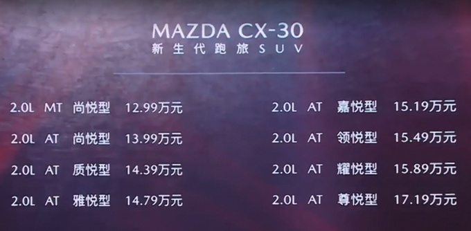 年轻人的首选 马自达CX-30 SUV上市 12.99万起售