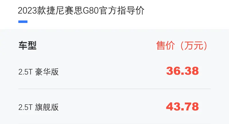 2023款捷尼赛思G80上市 售36.38万元起