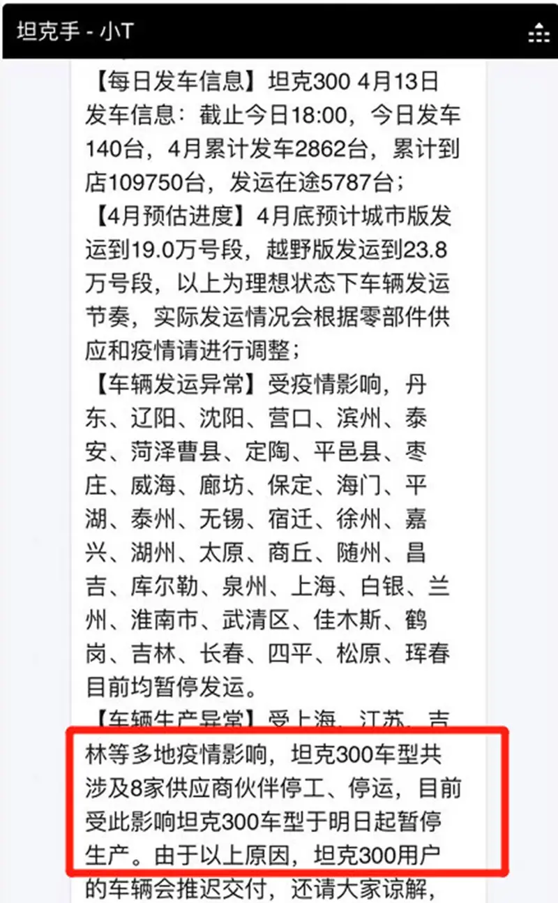 因供应商停工 坦克300将于今日起暂停生产