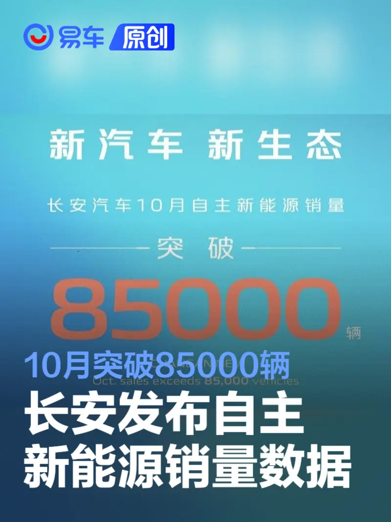 长安发布自主新能源销量数据 10月突破85000辆