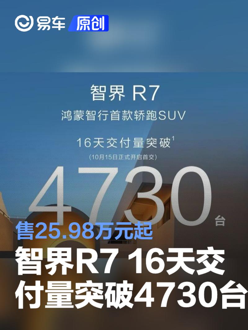 智界R7 16天交付量突破4730台 售25.98万元起